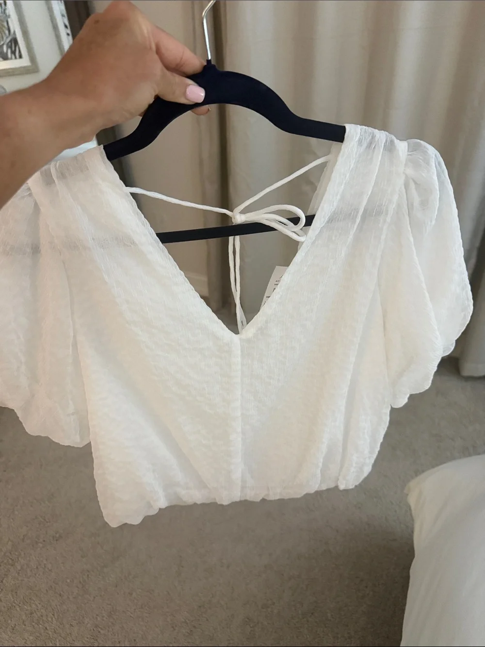 Astr Cream Gauze V-Neck Puff Sleeve Tie-Back Blouse